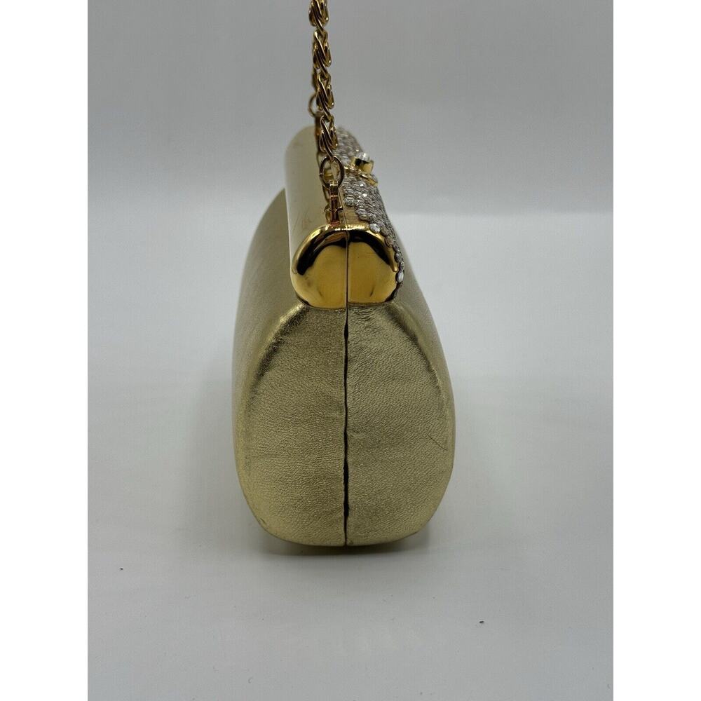 Evening Gold Leather Faux Leather Structured Rhinestone Shoulder Bag Chain Small - Picture 3 of 10